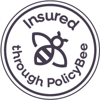 Fully Insured through PolicyBee for Professional Indemnity & Cyber Insurance Circular logo featuring a bee and the text "Insured through PolicyBee."